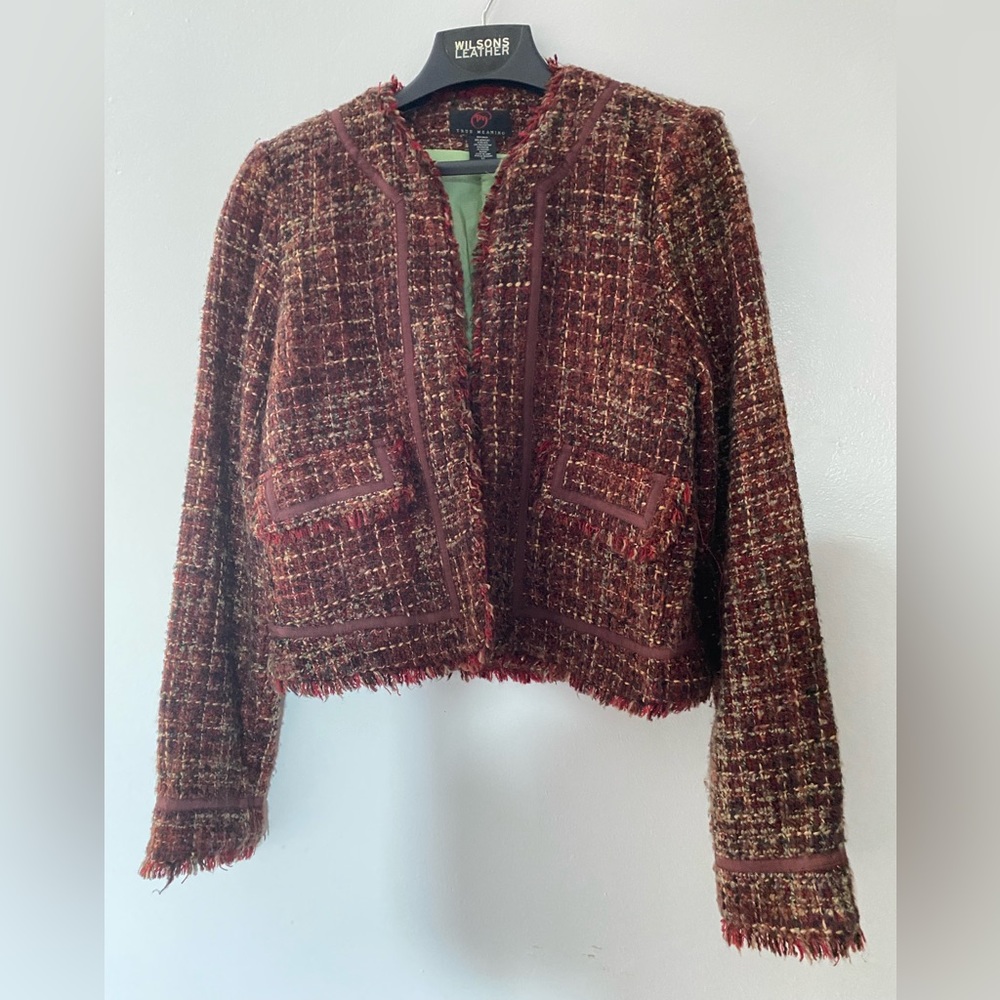 True Meaning Maroon-Burgundy Tweed Blazer/Jacket Large Like New Pre-owned